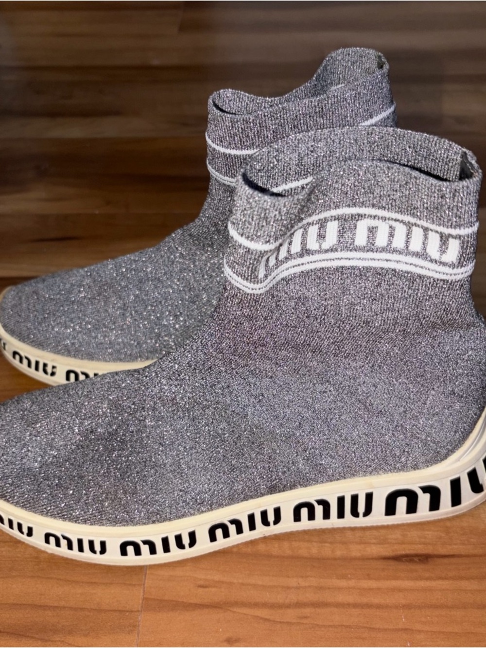 Miu Miu Silver-Gray Logo High Top Sock Sneakers